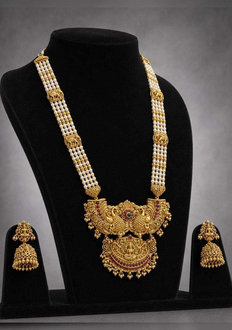 Gold-Plated Temple Stone Studded & Beaded Necklace and Earrings for Women | Traditional Temple Jewellery for Wedding & Festive Wear | Gift for Her - Indya