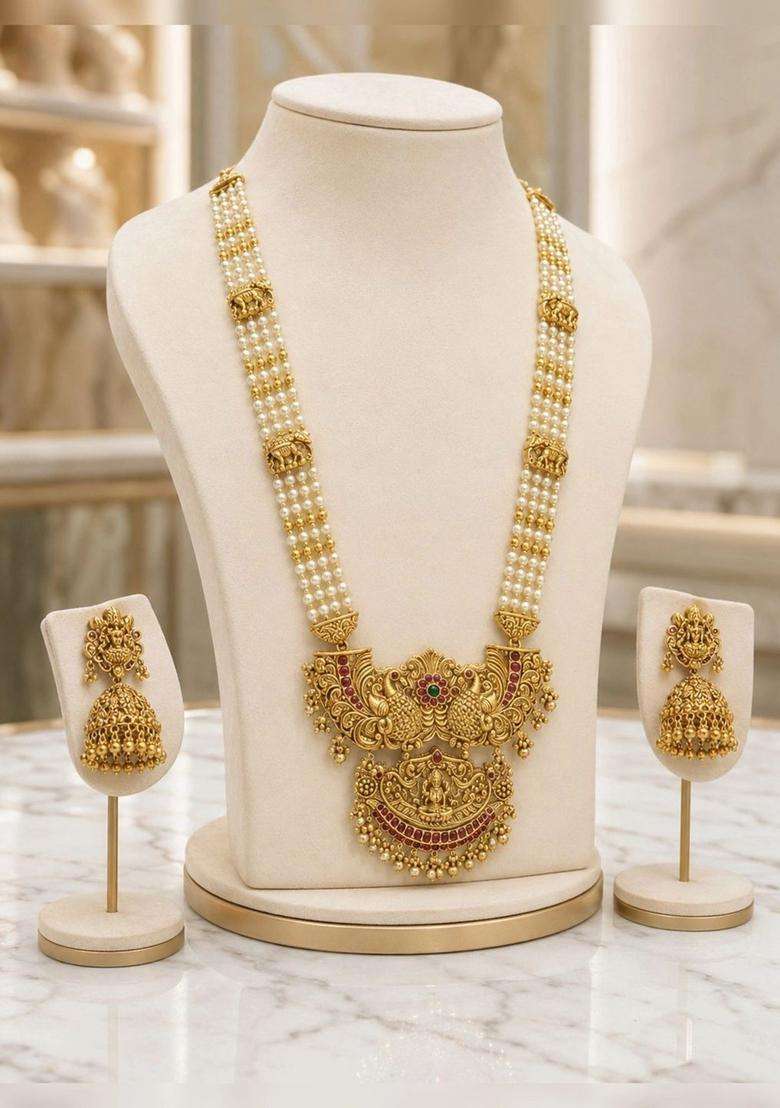 Gold-Plated Temple Stone Studded & Beaded Necklace and Earrings for Women | Traditional Temple Jewellery for Wedding & Festive Wear | Gift for Her - Indya