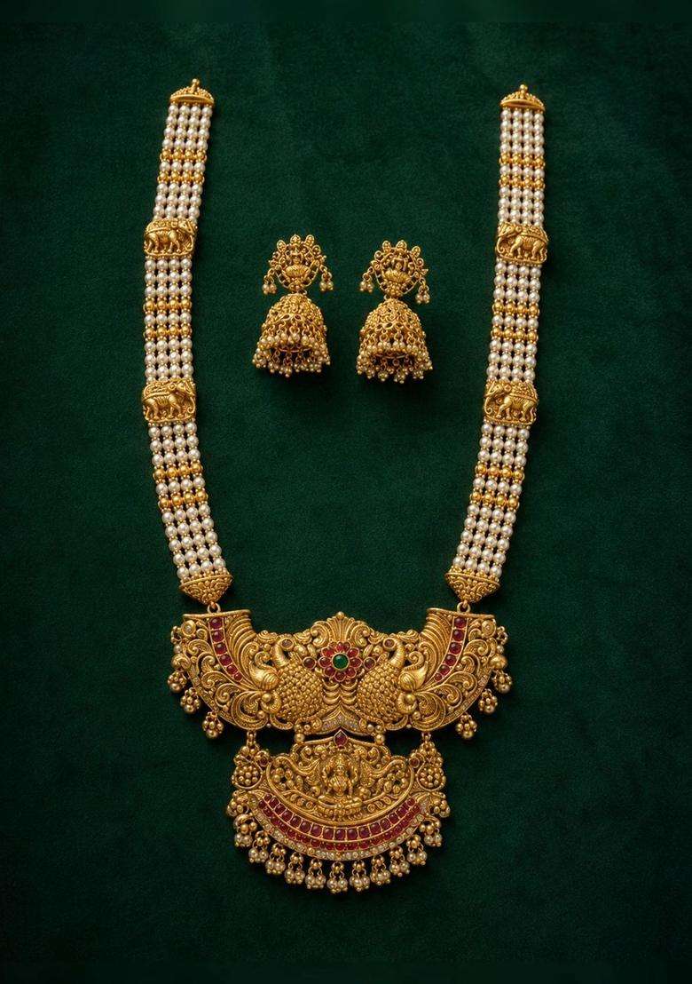 Gold-Plated Temple Stone Studded & Beaded Necklace and Earrings for Women | Traditional Temple Jewellery for Wedding & Festive Wear | Gift for Her - Indya