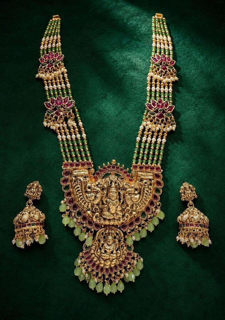 Gold-Plated Temple Stone Studded & Beaded Necklace and Earrings for Women | Traditional Temple Jewellery for Wedding & Festive Wear | Gift for Her - Indya