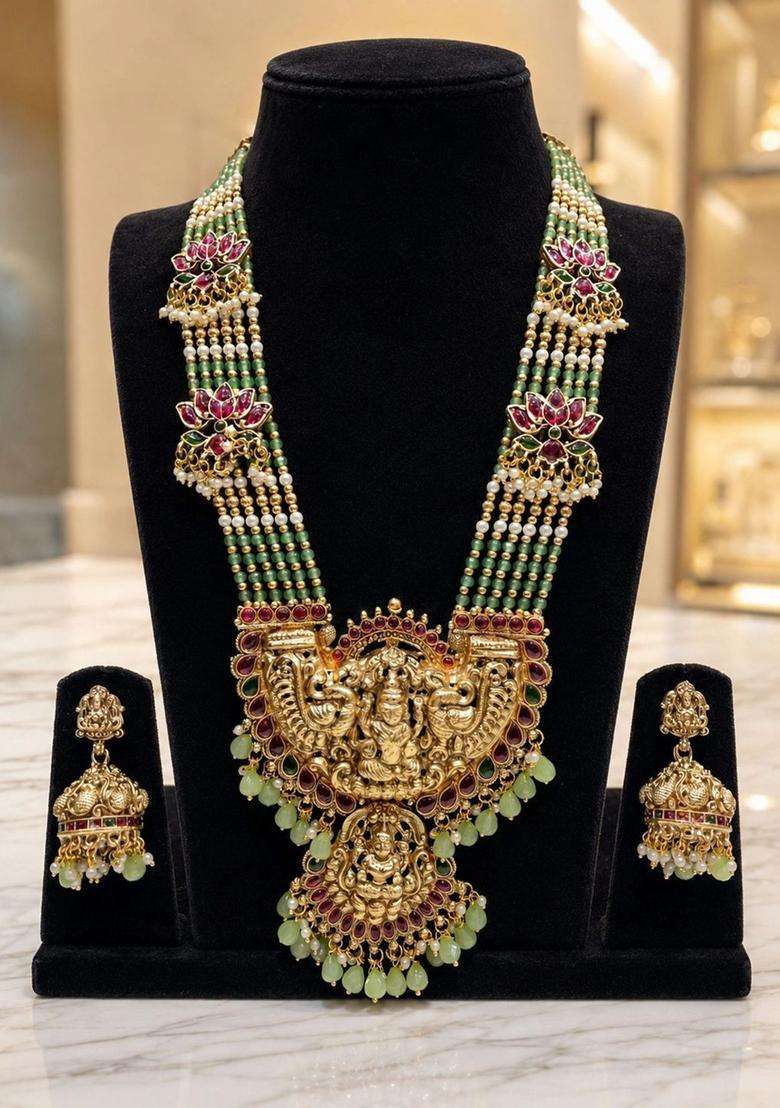 Gold-Plated Temple Stone Studded & Beaded Necklace and Earrings for Women | Traditional Temple Jewellery for Wedding & Festive Wear | Gift for Her - Indya