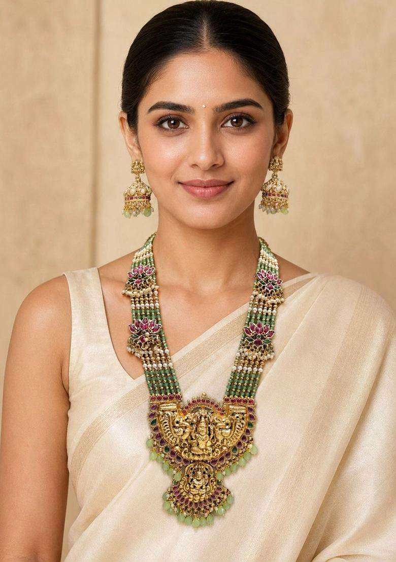 Gold-Plated Temple Stone Studded & Beaded Necklace and Earrings for Women | Traditional Temple Jewellery for Wedding & Festive Wear | Gift for Her - Indya
