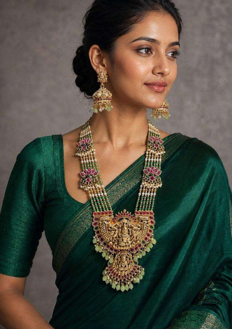 Gold-Plated Temple Stone Studded & Beaded Necklace and Earrings for Women | Traditional Temple Jewellery for Wedding & Festive Wear | Gift for Her - Indya