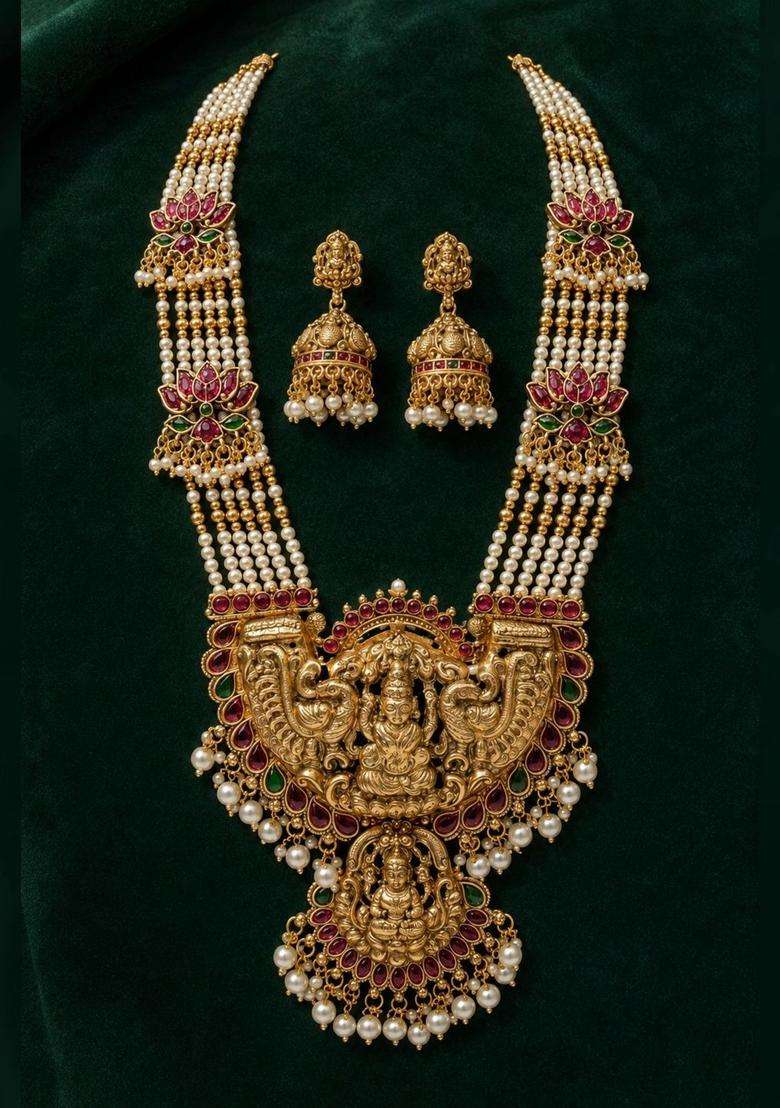Gold-Plated Temple Stone Studded & Beaded Necklace and Earrings for Women | Traditional Temple Jewellery for Wedding & Festive Wear | Gift for Her - Indya