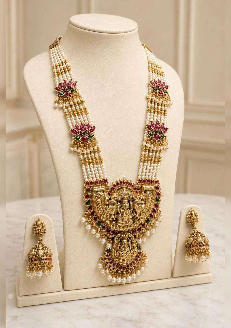 Gold-Plated Temple Stone Studded & Beaded Necklace and Earrings for Women | Traditional Temple Jewellery for Wedding & Festive Wear | Gift for Her - Indya