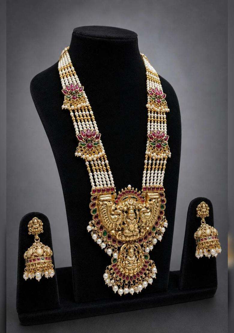 Gold-Plated Temple Stone Studded & Beaded Necklace and Earrings for Women | Traditional Temple Jewellery for Wedding & Festive Wear | Gift for Her - Indya