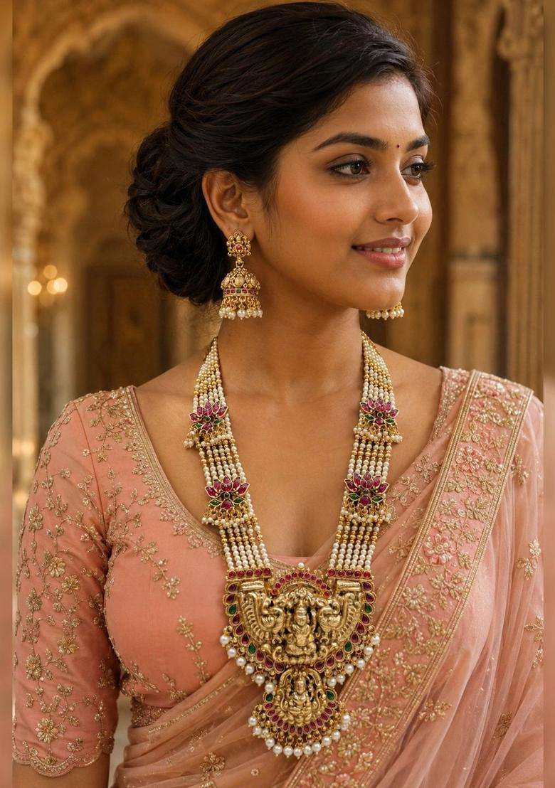 Gold-Plated Temple Stone Studded & Beaded Necklace and Earrings for Women | Traditional Temple Jewellery for Wedding & Festive Wear | Gift for Her - Indya