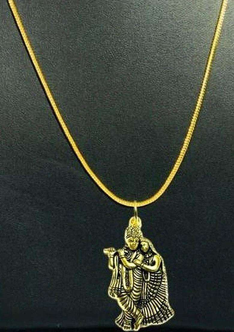Brass Gold-Plated Radhe Krishna Locket Temple Necklace for Men & Women | Traditional Temple Jewellery for Wedding & Festive Wear | Festive Gift - Indya