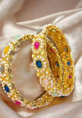 Set of 2 Gold-Plated Stone-Studded & Pearl Beaded Bangles for Women | Traditional Temple Jewellery for Wedding & Festive Wear | Gift for Her