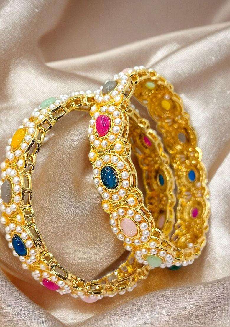 Set of 2 Gold-Plated Stone-Studded & Pearl Beaded Bangles for Women | Traditional Temple Jewellery for Wedding & Festive Wear | Gift for Her - Indya