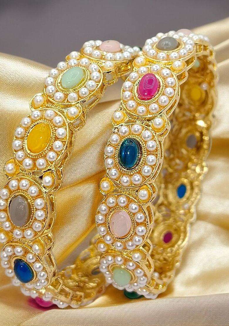 Set of 2 Gold-Plated Stone-Studded & Pearl Beaded Bangles for Women | Traditional Temple Jewellery for Wedding & Festive Wear | Gift for Her - Indya