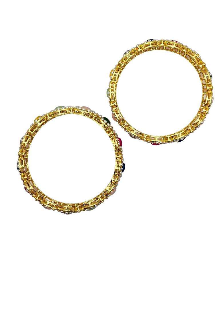 Set of 2 Gold-Plated Stone-Studded & Pearl Beaded Bangles for Women | Traditional Temple Jewellery for Wedding & Festive Wear | Gift for Her - Indya