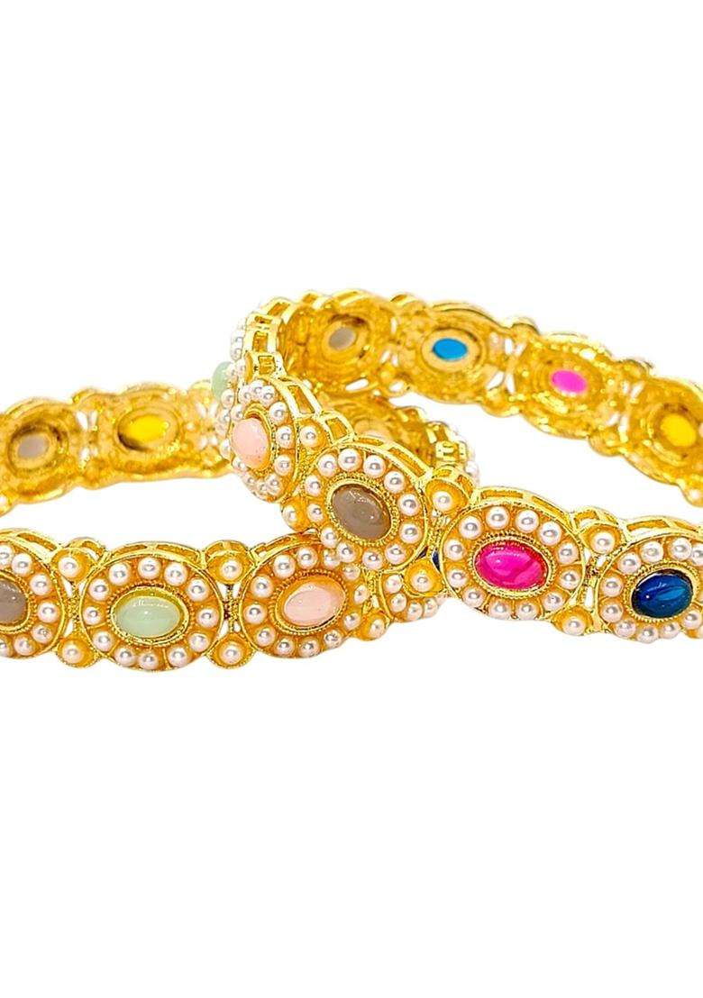 Set of 2 Gold-Plated Stone-Studded & Pearl Beaded Bangles for Women | Traditional Temple Jewellery for Wedding & Festive Wear | Gift for Her - Indya