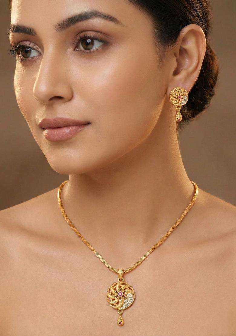 Gold-Plated Stone-Studded Necklace and Earrings with CZ Stone for Women | Traditional Temple Jewellery for Wedding & Festive Wear | Gift for Her - Indya