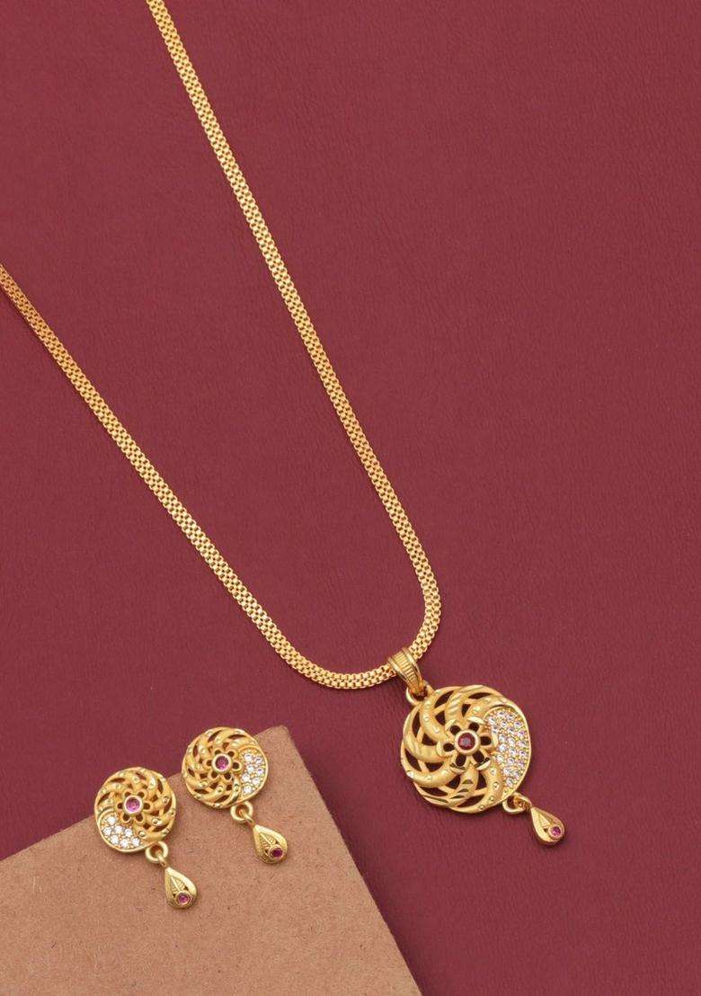Gold-Plated Stone-Studded Necklace and Earrings with CZ Stone for Women | Traditional Temple Jewellery for Wedding & Festive Wear | Gift for Her - Indya