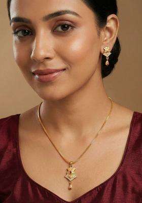 Gold-Plated Stone-Studded Necklace and Earrings with CZ Stone for Women | Traditional Temple Jewellery for Wedding & Festive Wear | Gift for Her