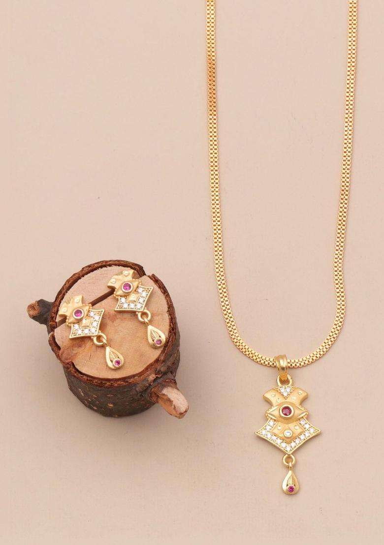 Gold-Plated Stone-Studded Necklace and Earrings with CZ Stone for Women | Traditional Temple Jewellery for Wedding & Festive Wear | Gift for Her - Indya