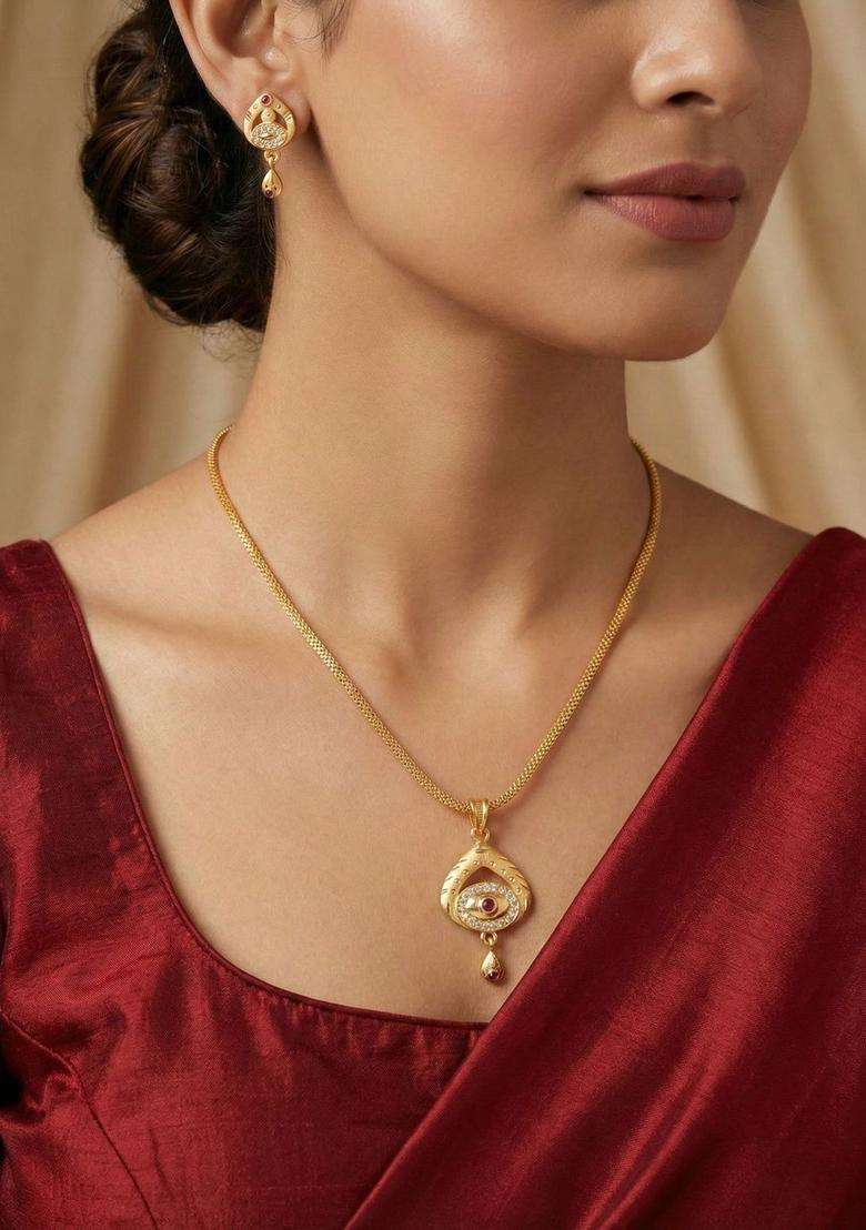 Gold-Plated Stone Studded & Beaded Pendant and Earrings with CZ Stone for Women | Traditional Temple Jewellery for Wedding & Festive Wear | Gift for Her - Indya