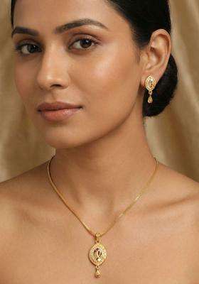 Gold-Plated Antique Cubic Zirconia Pendant and Earrings for Women | Traditional Temple Jewellery for Wedding & Festive Wear | Gift for Her