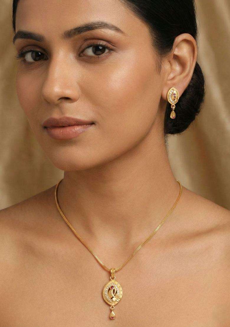 Gold-Plated Antique Cubic Zirconia Pendant and Earrings for Women | Traditional Temple Jewellery for Wedding & Festive Wear | Gift for Her - Indya