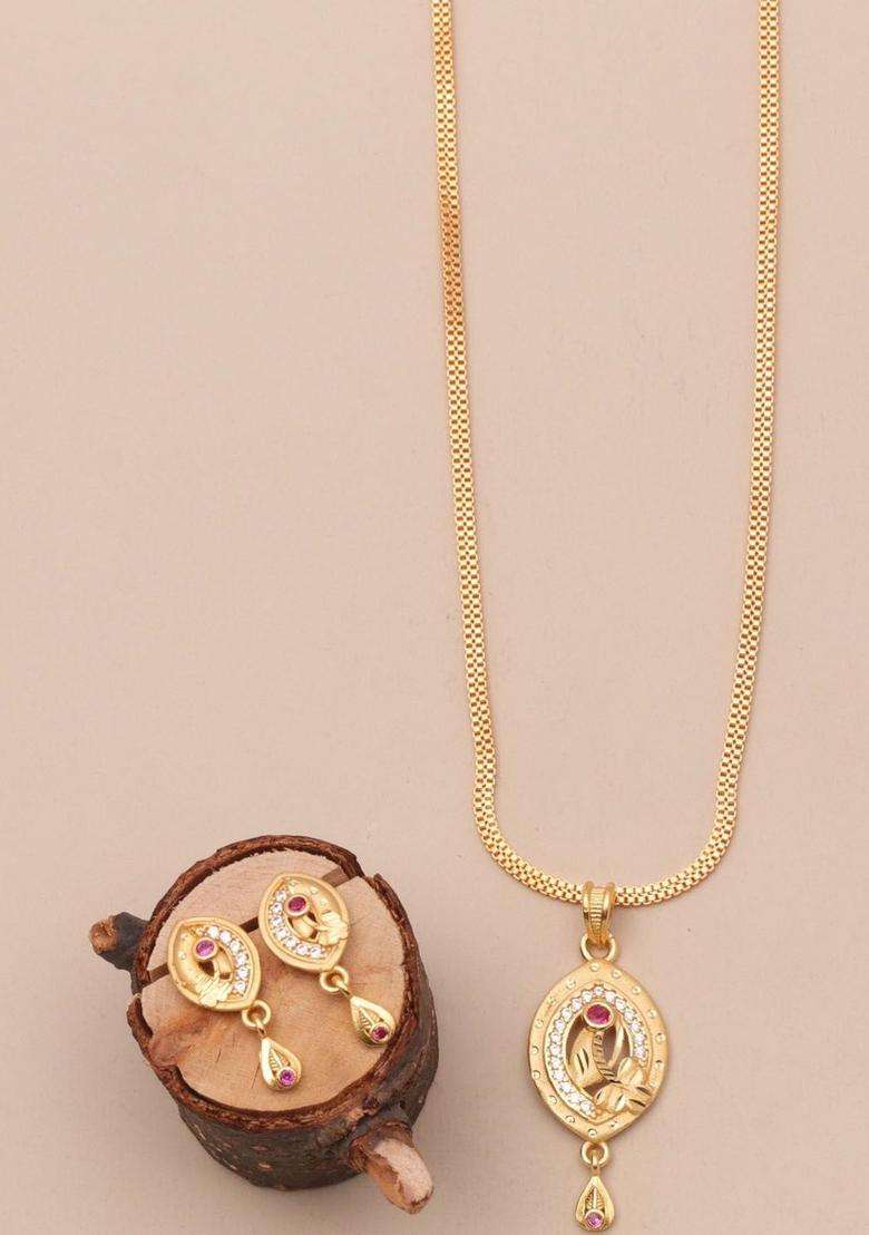 Gold-Plated Antique Cubic Zirconia Pendant and Earrings for Women | Traditional Temple Jewellery for Wedding & Festive Wear | Gift for Her - Indya