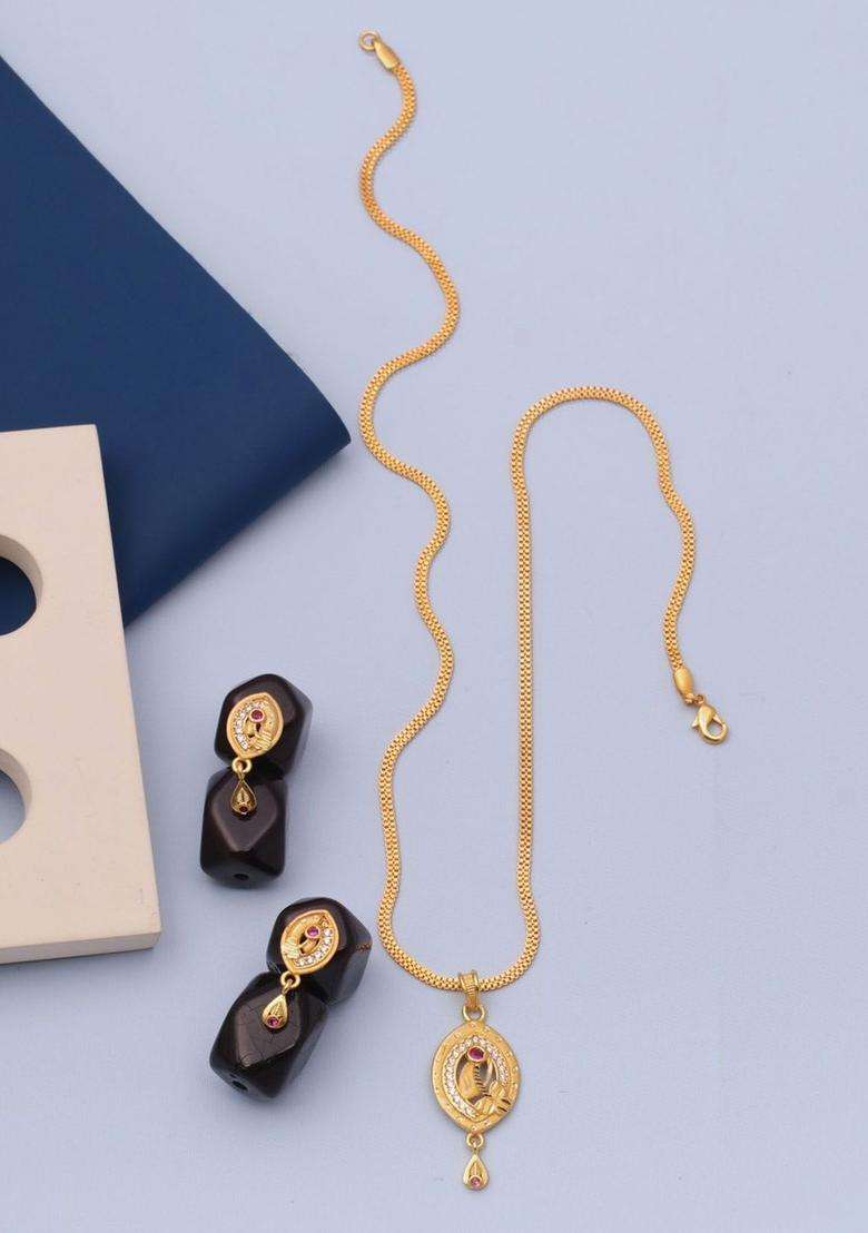 Gold-Plated Antique Cubic Zirconia Pendant and Earrings for Women | Traditional Temple Jewellery for Wedding & Festive Wear | Gift for Her - Indya