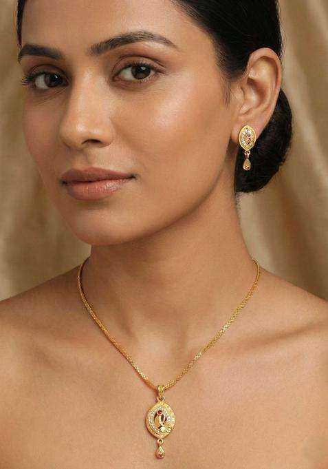 Gold-Plated Antique Cubic Zirconia Pendant and Earrings for Women | Traditional Temple Jewellery for Wedding & Festive Wear | Gift for Her