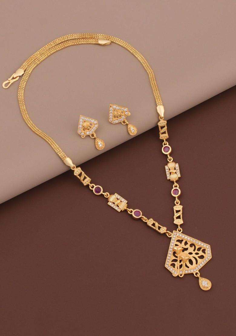 Brass Gold-Plated Temple Necklace with American Diamond for Women | Traditional Temple Jewellery for Wedding & Festive Wear | Gift for Her - Indya