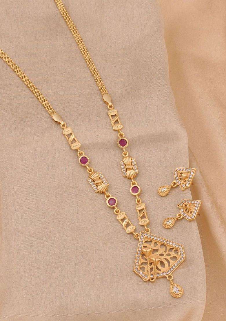 Brass Gold-Plated Temple Necklace with American Diamond for Women | Traditional Temple Jewellery for Wedding & Festive Wear | Gift for Her - Indya