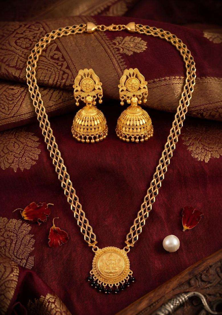 Gold-Plated Temple Stone-Studded Necklace and Earrings for Women | Traditional Temple Jewellery for Wedding & Festive Wear | Gift for Her - Indya