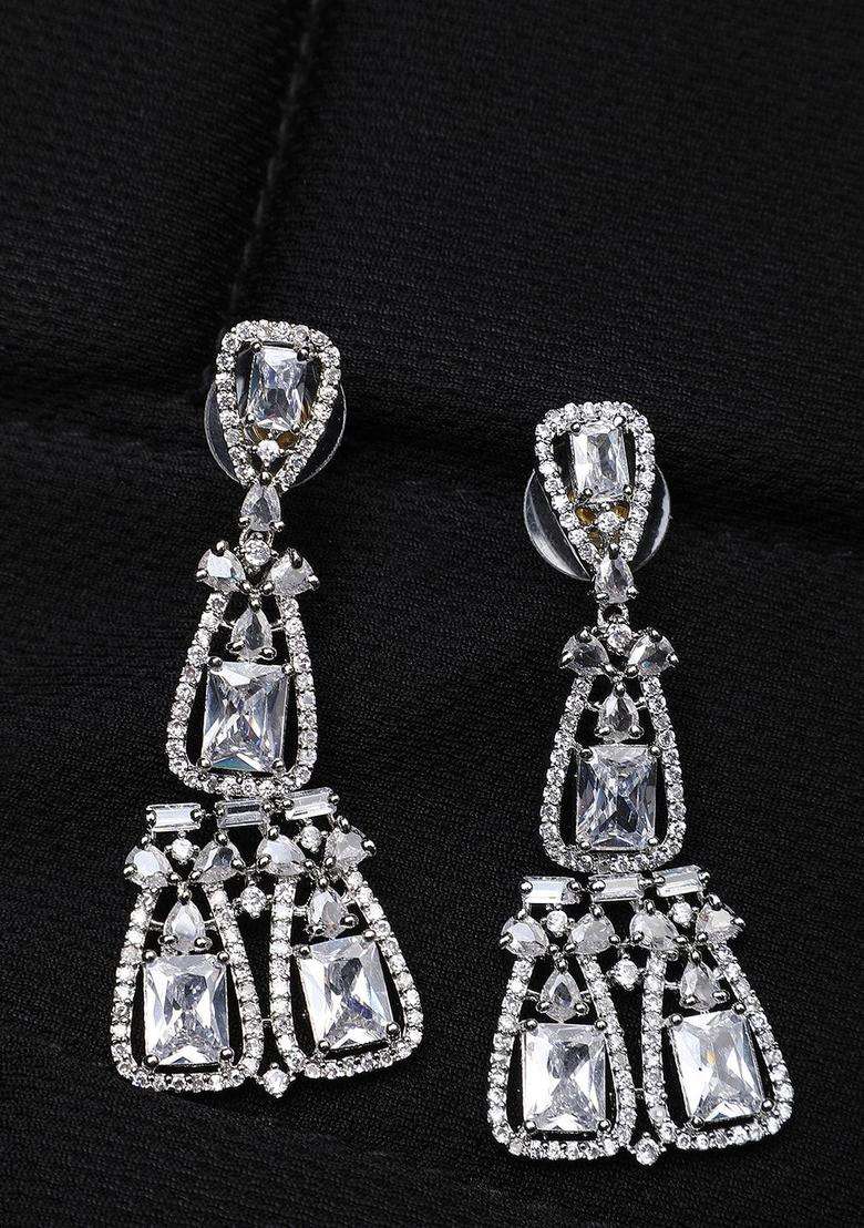 Silver-Plated White Contemporary Drop Earrings with American Diamond for Women | Stylish Party & Everyday Wear | Gift for Her - Indya