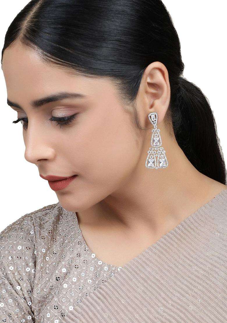 Silver-Plated White Contemporary Drop Earrings with American Diamond for Women | Stylish Party & Everyday Wear | Gift for Her - Indya