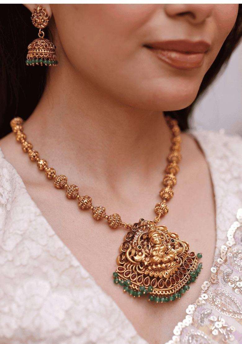 Gold-Plated Temple Stone-Studded Necklace and Earrings for Women | Traditional Temple Jewellery for Wedding & Festive Wear | Gift for Her - Indya