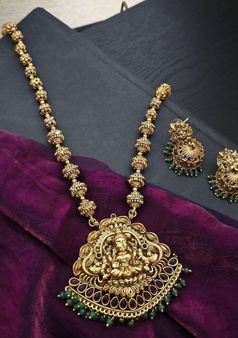 Gold-Plated Temple Stone-Studded Necklace and Earrings for Women | Traditional Temple Jewellery for Wedding & Festive Wear | Gift for Her - Indya
