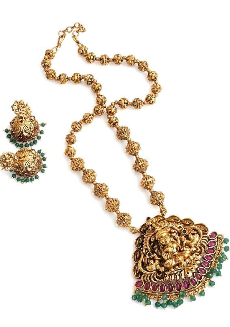 Gold-Plated Temple Stone-Studded Necklace and Earrings for Women | Traditional Temple Jewellery for Wedding & Festive Wear | Gift for Her - Indya
