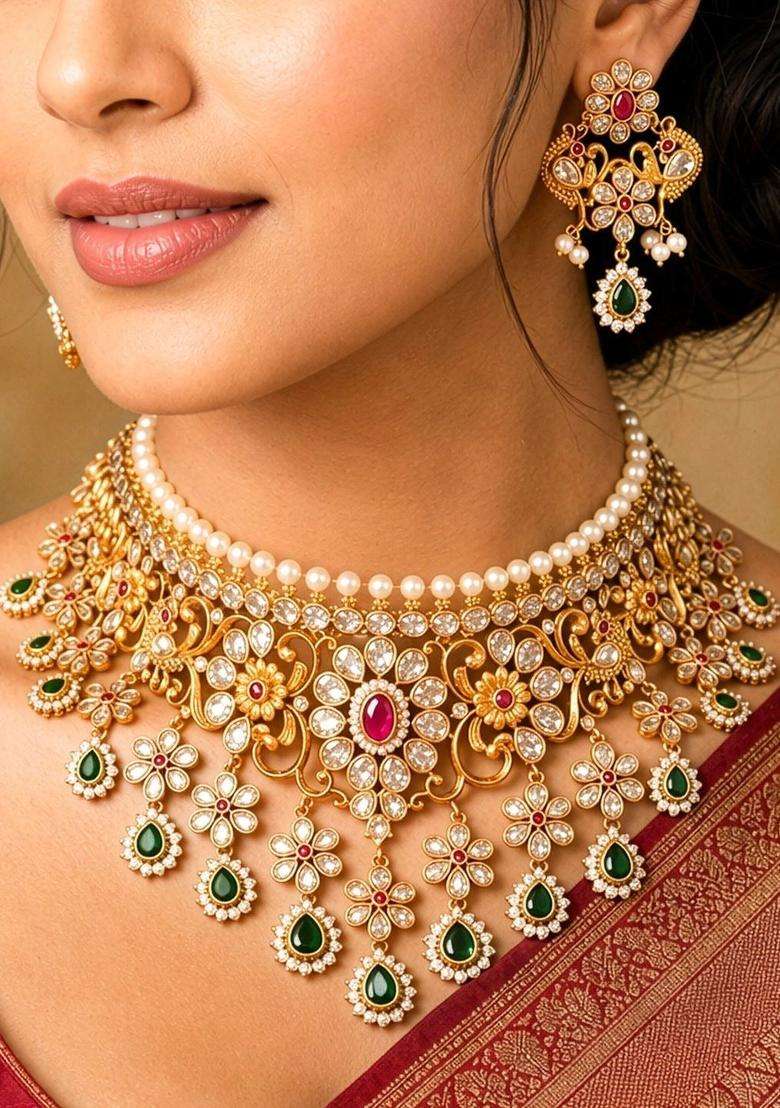 Brass Temple Necklace with American Diamond for Women | Traditional Temple Jewellery for Wedding & Festive Wear | Gift for Her - Indya