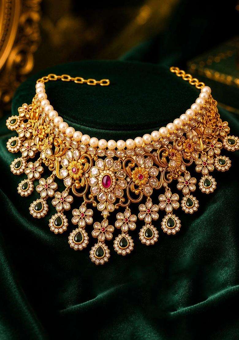 Brass Temple Necklace with American Diamond for Women | Traditional Temple Jewellery for Wedding & Festive Wear | Gift for Her - Indya