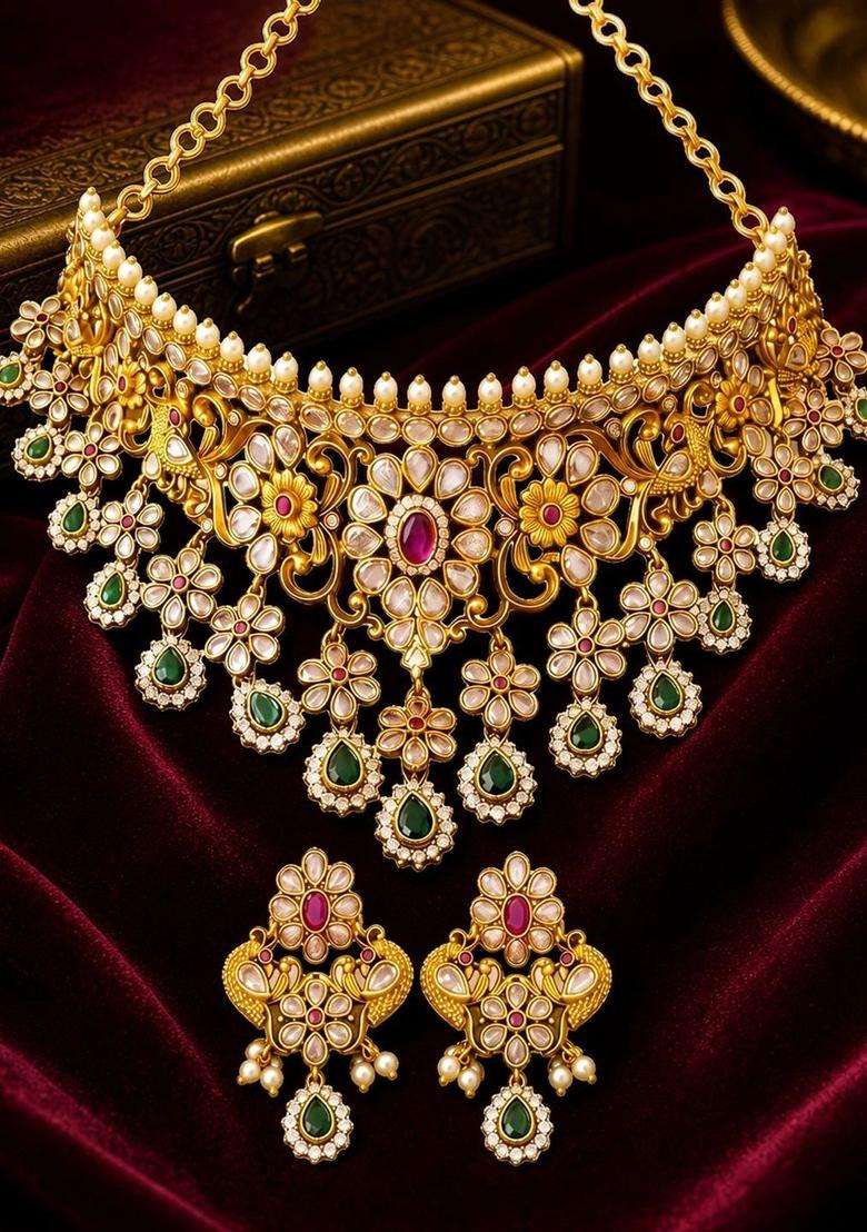 Brass Temple Necklace with American Diamond for Women | Traditional Temple Jewellery for Wedding & Festive Wear | Gift for Her - Indya