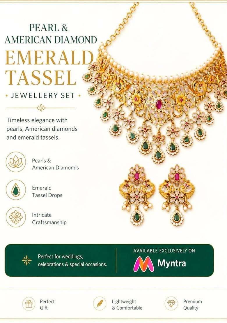Brass Temple Necklace with American Diamond for Women | Traditional Temple Jewellery for Wedding & Festive Wear | Gift for Her - Indya