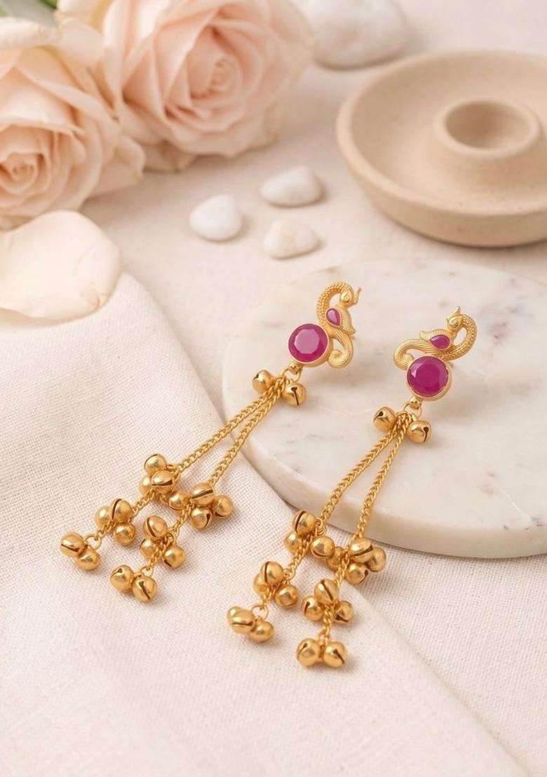 Gold-Plated Peacock Shaped Drop Earrings for Women | Traditional Temple Jewellery for Wedding & Festive Wear | Gift for Her - Indya