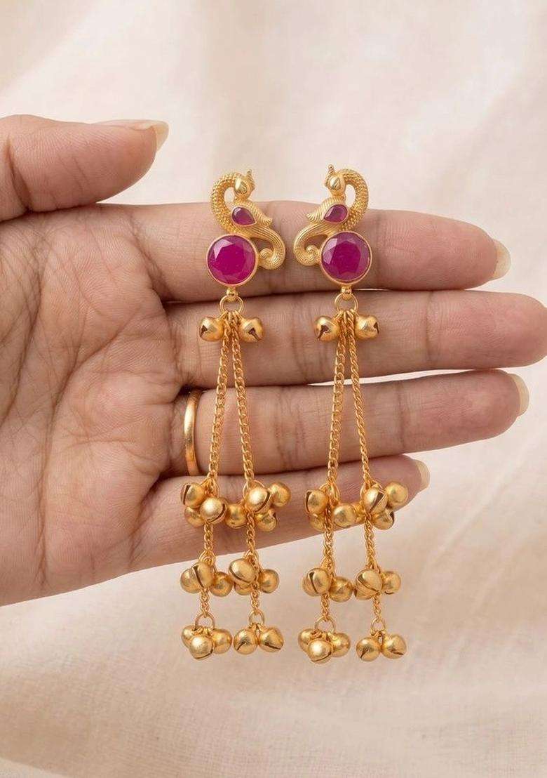 Gold-Plated Peacock Shaped Drop Earrings for Women | Traditional Temple Jewellery for Wedding & Festive Wear | Gift for Her - Indya