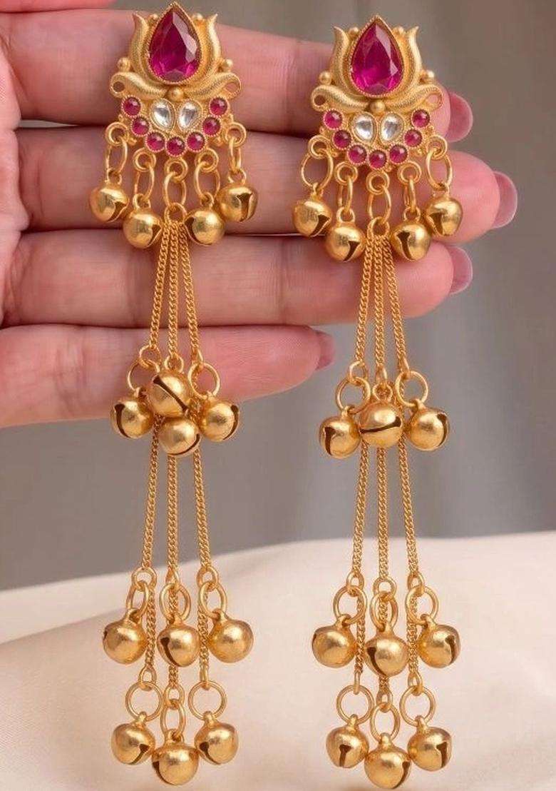 Gold-Plated Geometric Drop Earrings for Women | Traditional Temple Jewellery for Wedding & Festive Wear | Gift for Her - Indya