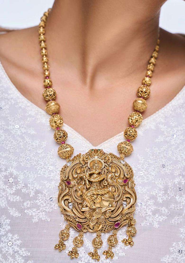 Brass Silver-Plated Temple Necklace with American Diamond for Women | Traditional Temple Jewellery for Wedding & Festive Wear | Gift for Her - Indya