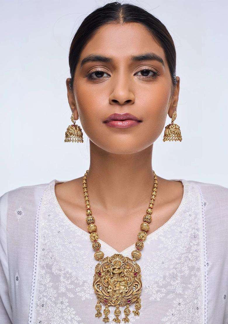 Brass Silver-Plated Temple Necklace with American Diamond for Women | Traditional Temple Jewellery for Wedding & Festive Wear | Gift for Her - Indya