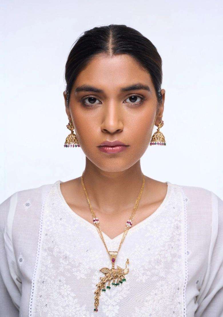 Brass Silver-Plated Temple Necklace with American Diamond for Women | Traditional Temple Jewellery for Wedding & Festive Wear | Gift for Her - Indya