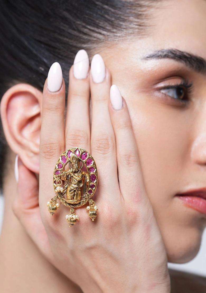 Brass-Plated Temple Cubic Zirconia Finger Ring for Women | Traditional Temple Jewellery for Wedding & Festive Wear | Gift for Her - Indya