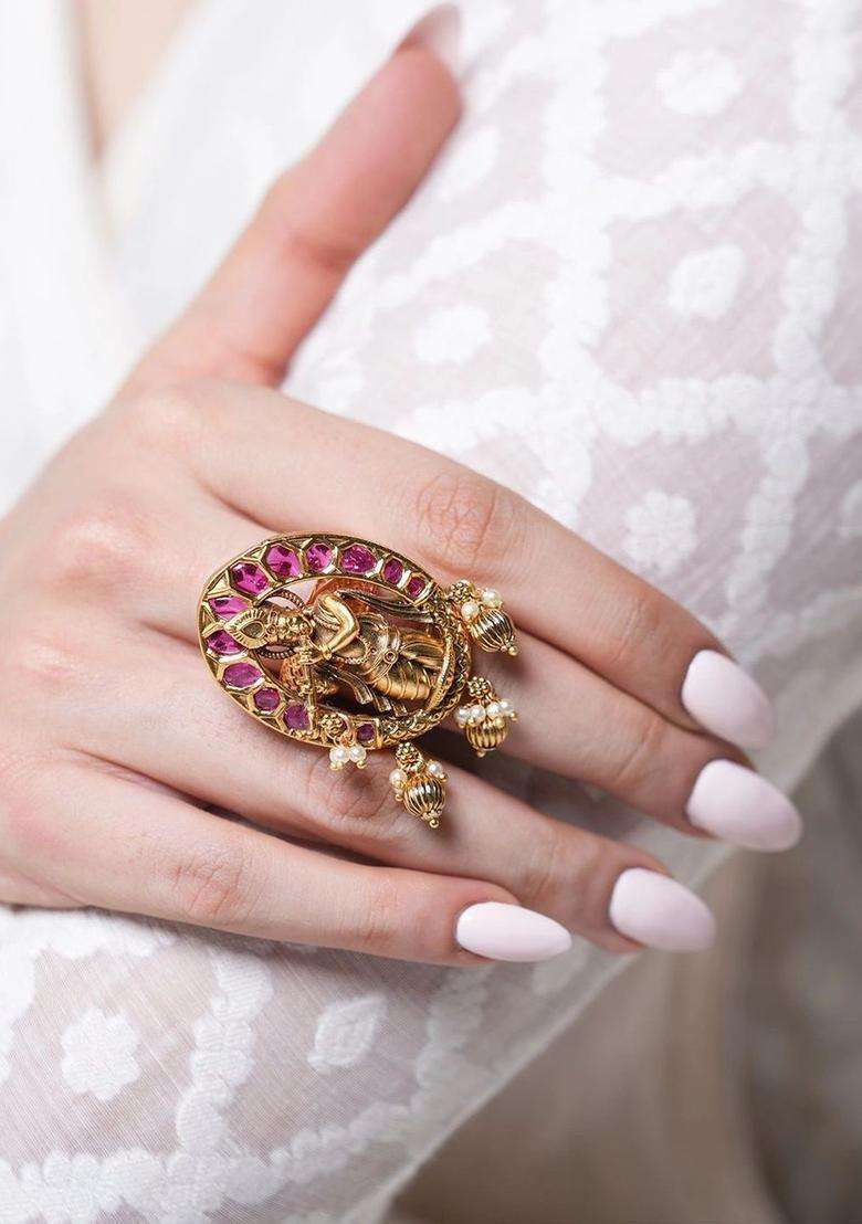 Brass-Plated Temple Cubic Zirconia Finger Ring for Women | Traditional Temple Jewellery for Wedding & Festive Wear | Gift for Her - Indya