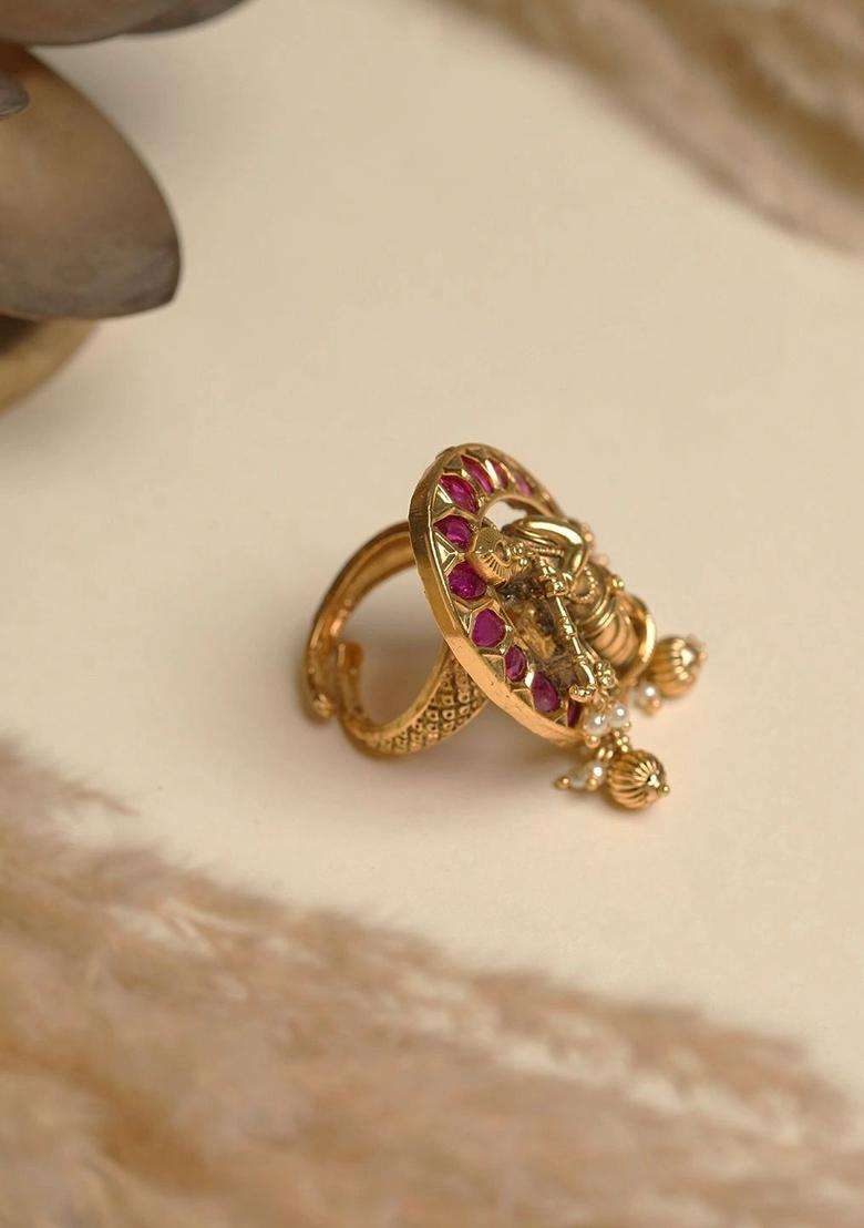 Brass-Plated Temple Cubic Zirconia Finger Ring for Women | Traditional Temple Jewellery for Wedding & Festive Wear | Gift for Her - Indya