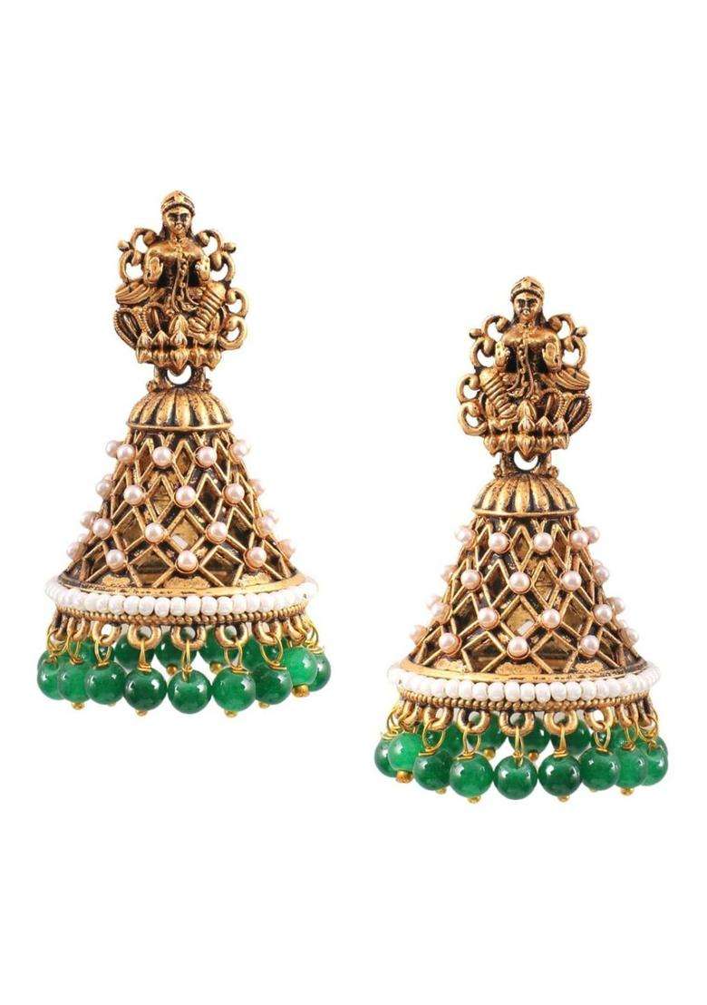 Brass-Plated Classic Temple Jhumkas for Women | Traditional Temple Jewellery for Wedding & Festive Wear | Gift for Her - Indya