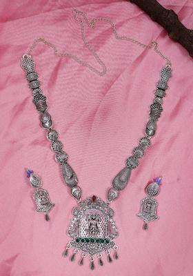 Silver-Plated Green & Red Stone-Studded Temple Jewellery Set for Women | Traditional Temple Jewellery for Wedding & Festive Wear | Gift for Her